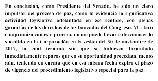 Extracto de la declaración de la Presidencia del Senado en relación a la solicitud de aprobación del proyecto de AL por medio del cual se buscaba crear las Circunscripciones Especiales de Paz. Fuente: Contagio Radio.